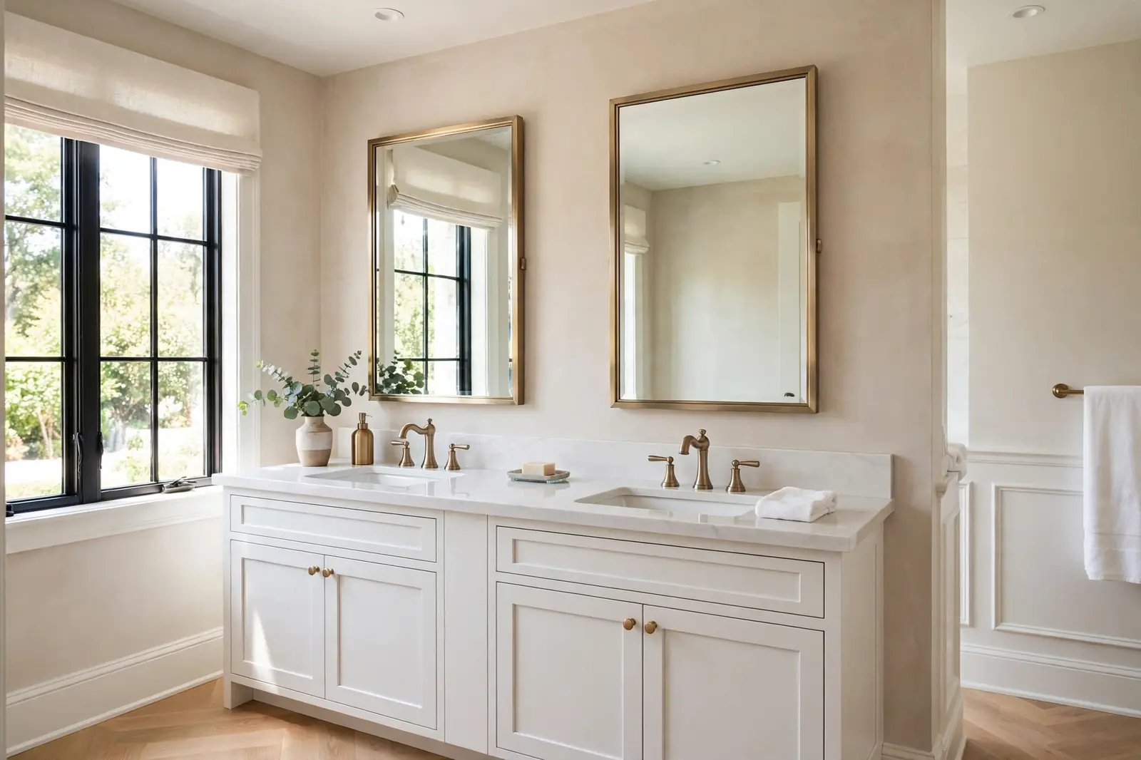 Double vanity bathroom remodel in Atlanta GA with framed mirrors and quartz countertop