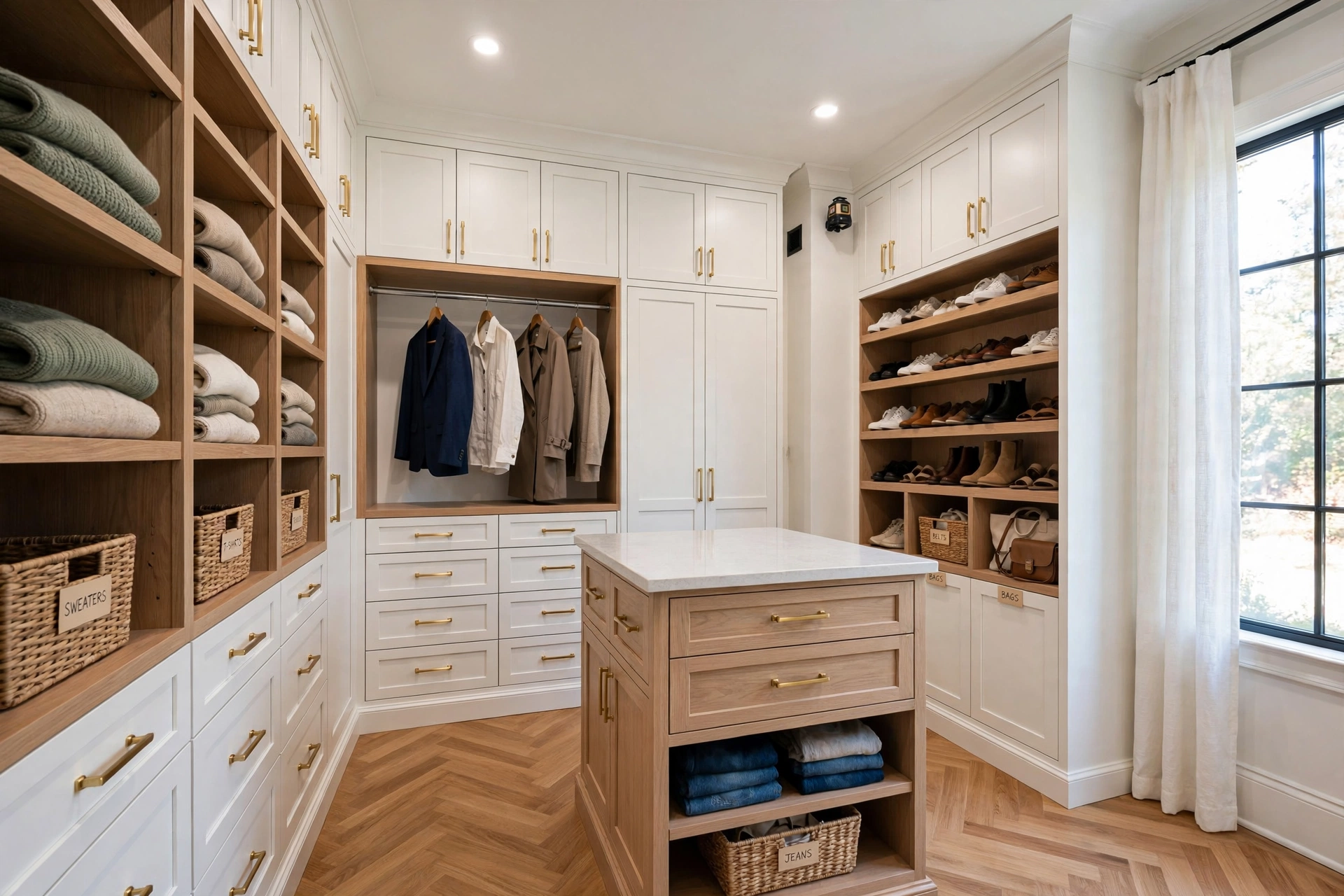 Custom closets Atlanta GA — walk-in closet system with double hanging, drawers, shoe storage and LED lighting