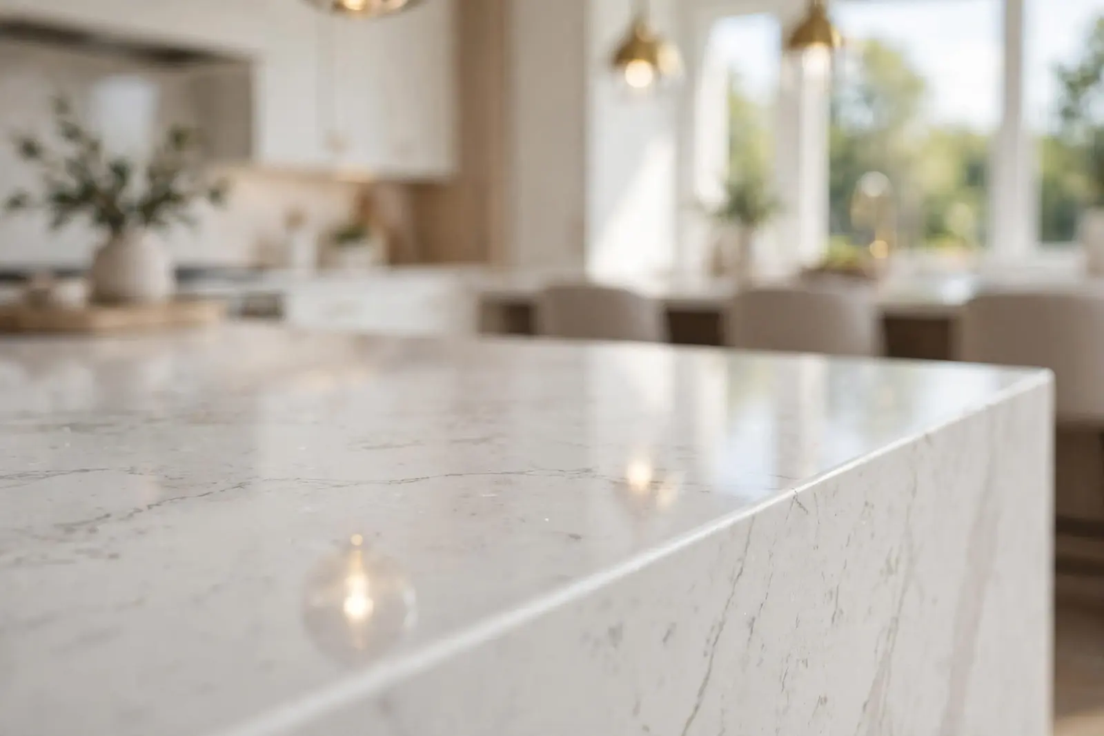 Quartz countertop installation Atlanta GA with waterfall island edge