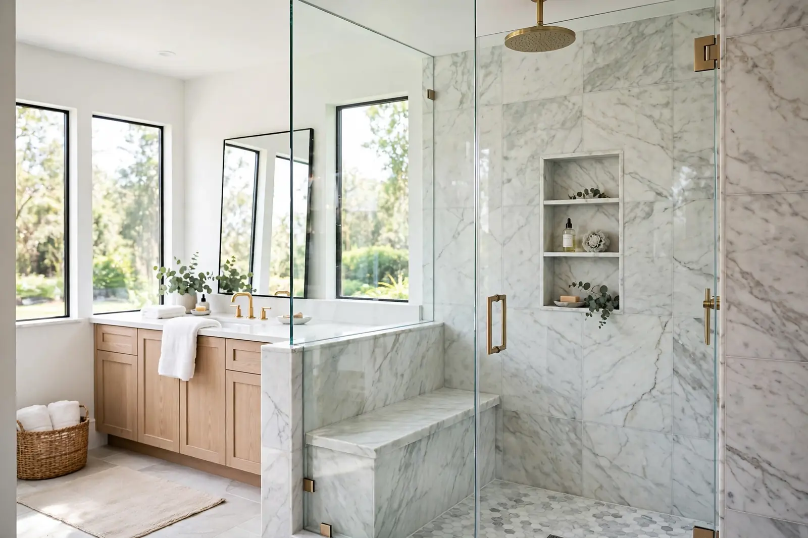 Walk-in shower installation in Marietta Atlanta GA with frameless glass, rainfall head and built-in bench