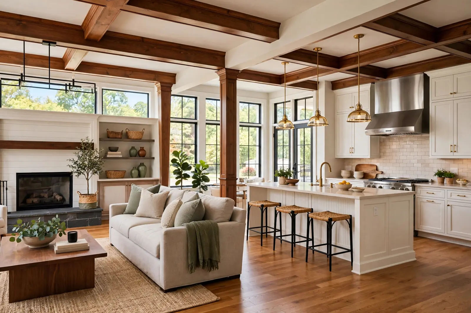 Open concept kitchen remodel in Atlanta GA with light wood cabinets and large island open to living room